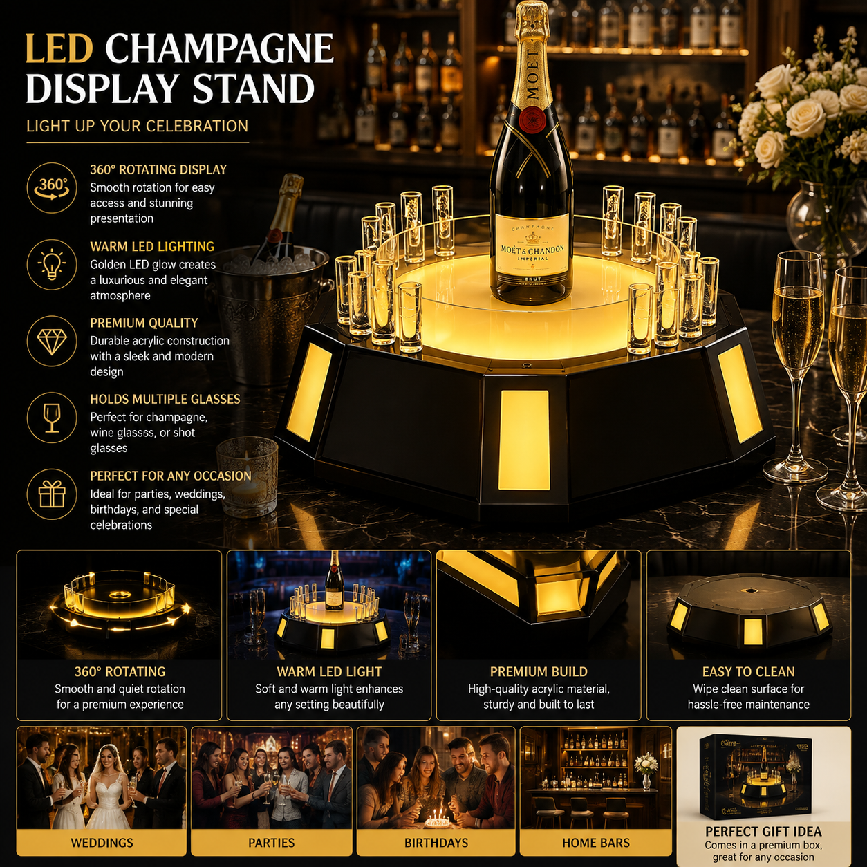 Octagonal LED Wine & Shot Glass Tray